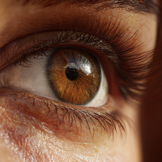 Close-up of a human iris, illustrating the eye's focusing mechanism and how reading glasses help with presbyopia