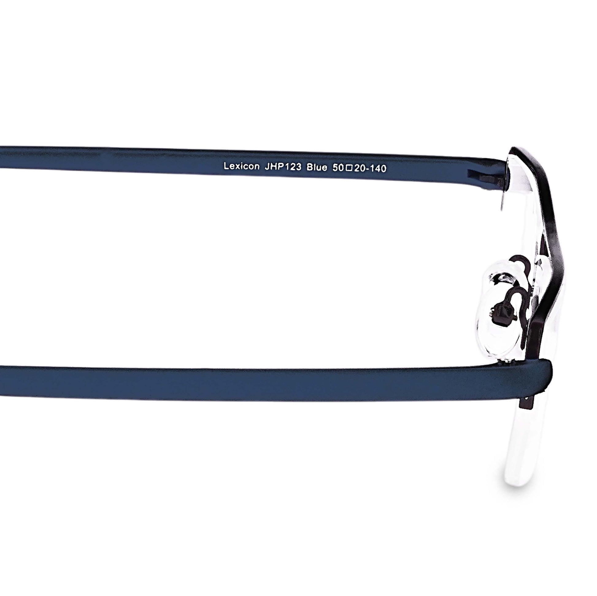 Pagina blue half-rim reading glasses close-up of temple and hinges