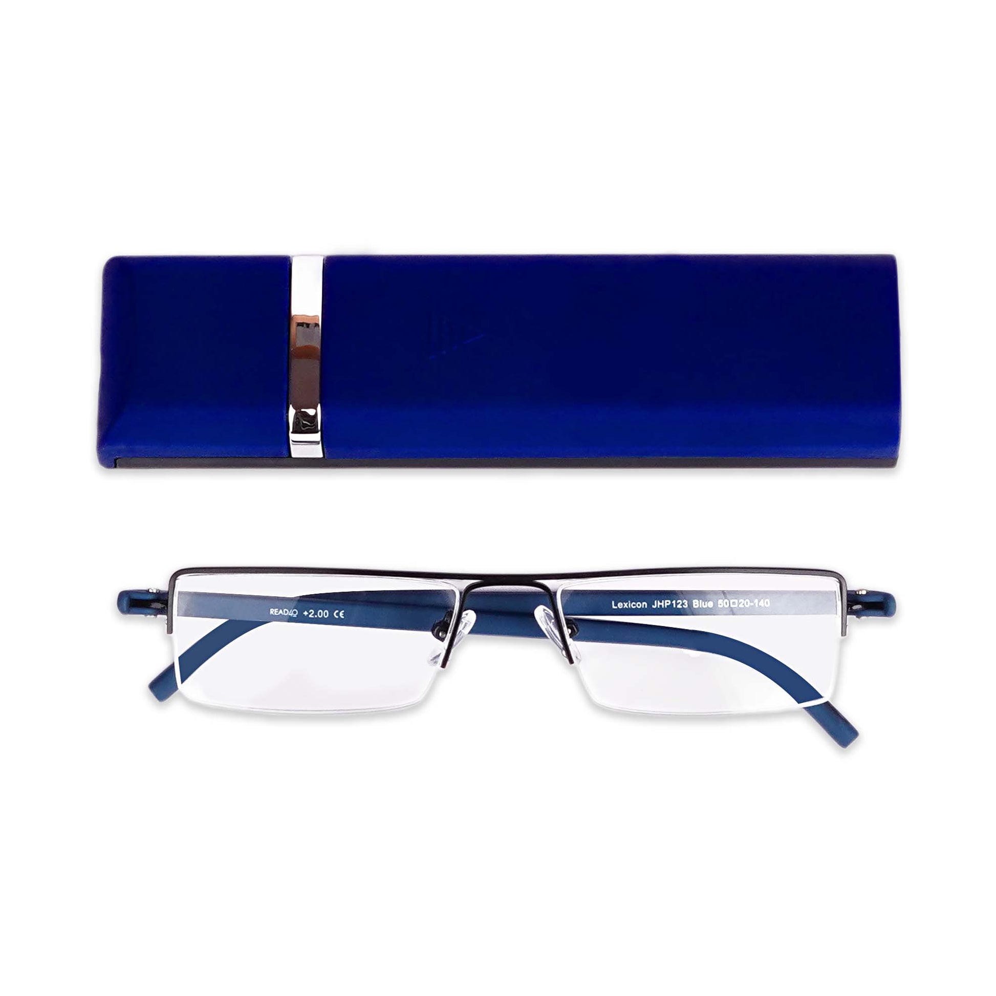 Pagina blue half-rim reading glasses with carry-on case