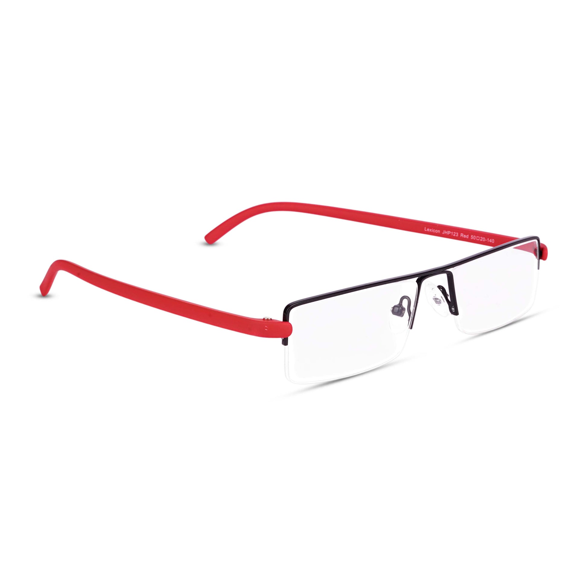 Pagina red half-rim reading glasses three-quarter view
