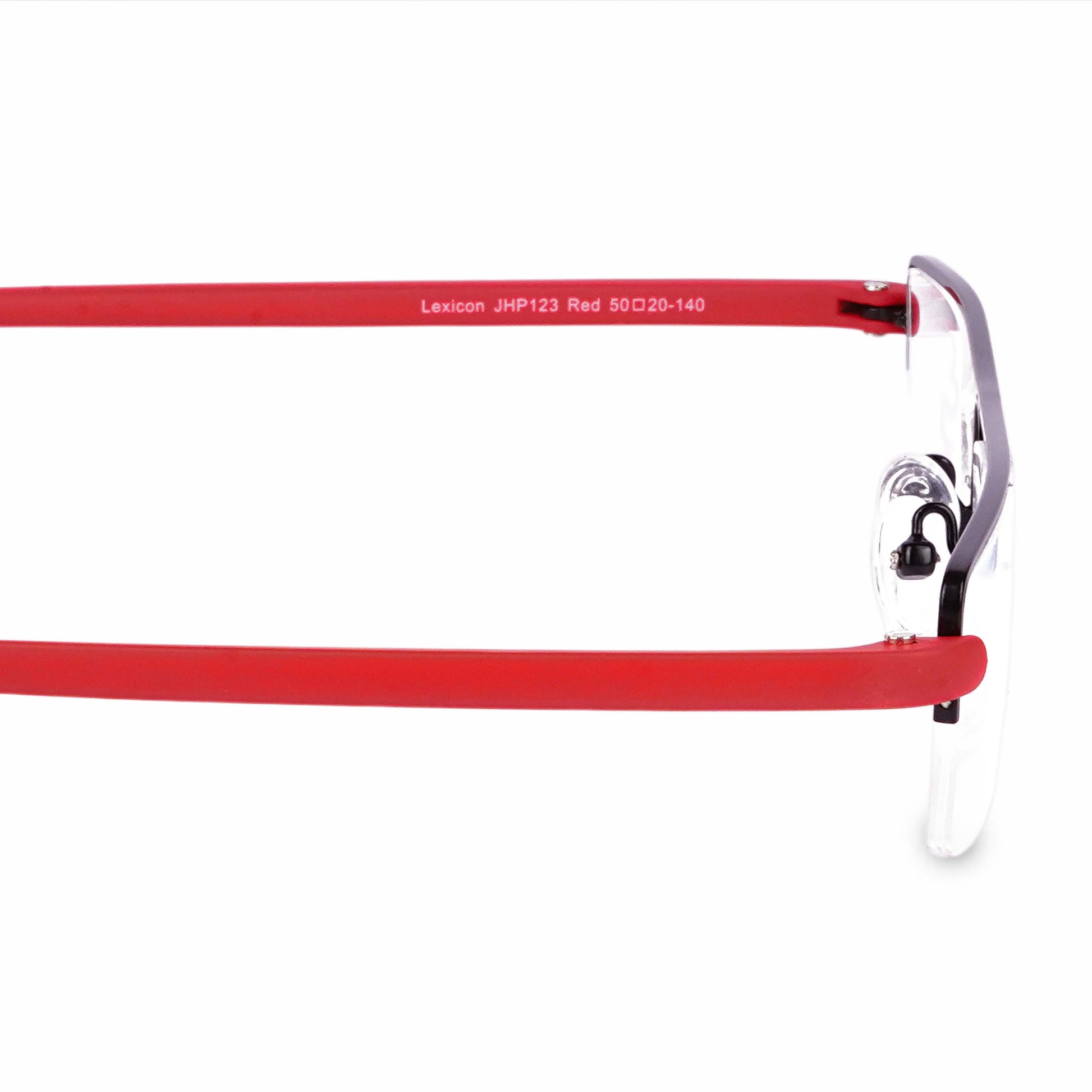 Pagina red half-rim glasses hinge and temple close-up