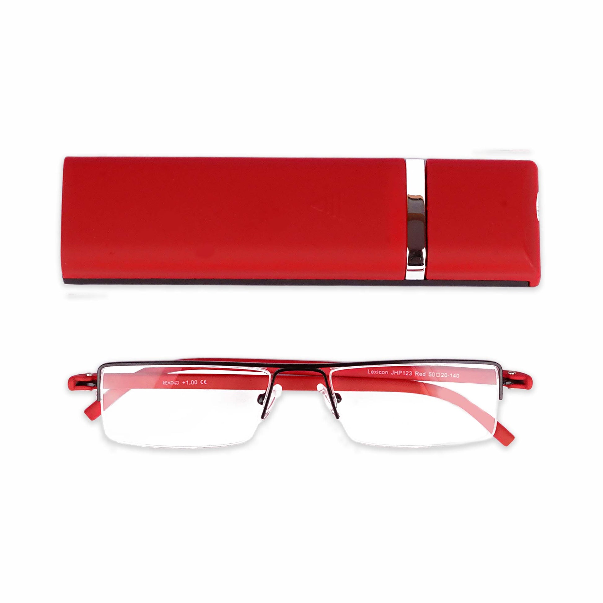 Pagina red half-rim reading glasses with carry-on case