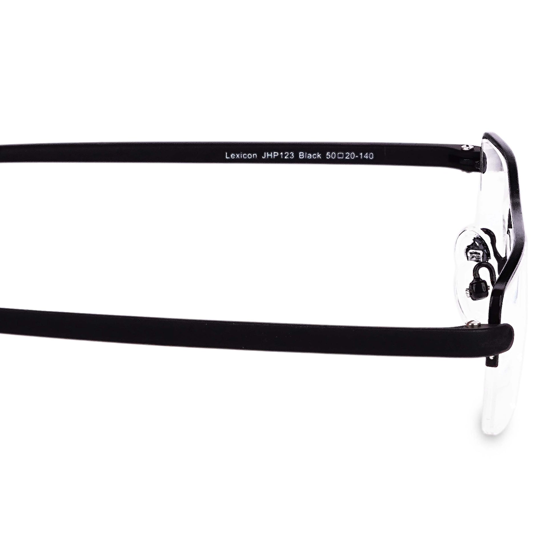 Pagina black half-rim glasses hinge and temple close-up
