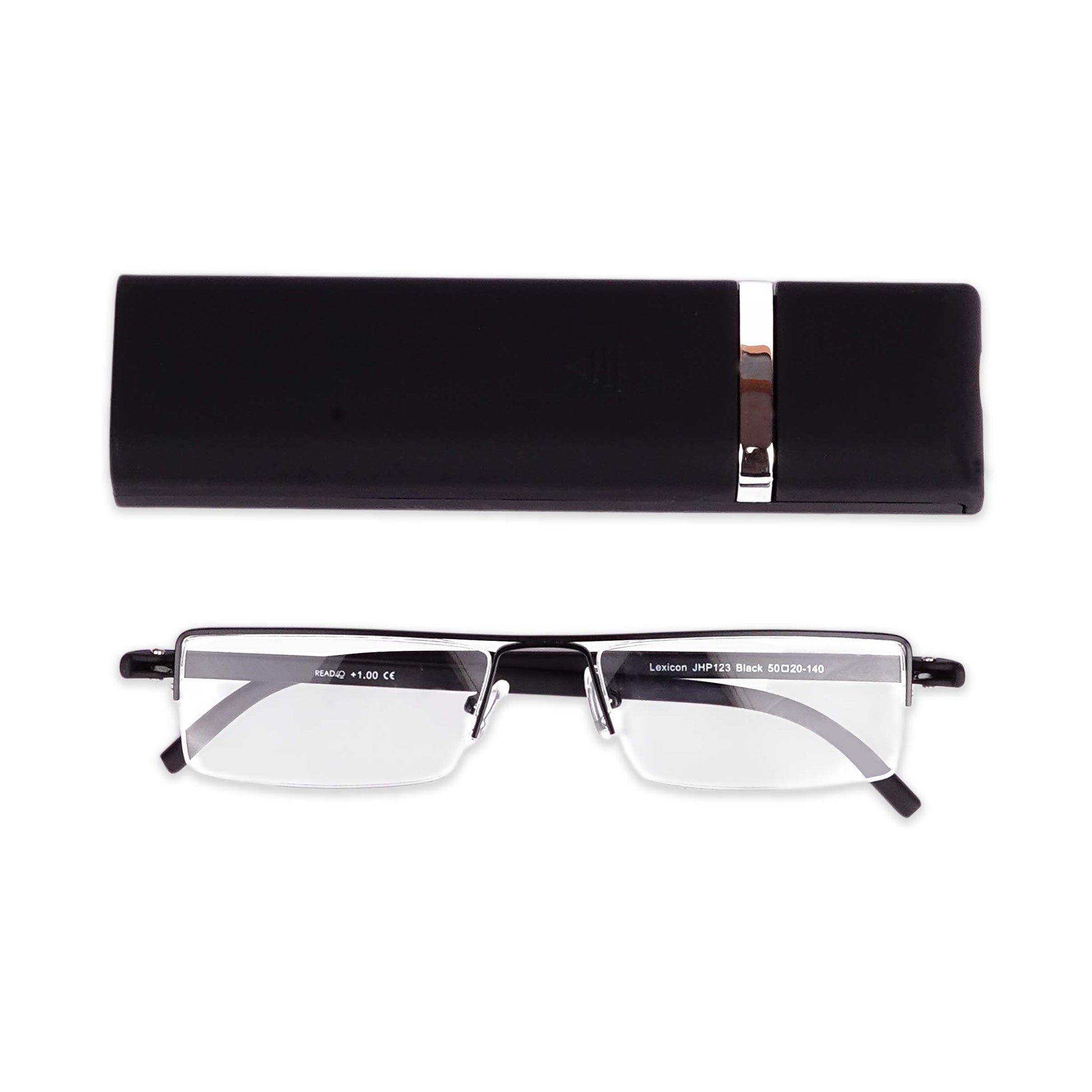 Pagina black half-rim reading glasses with carry-on case