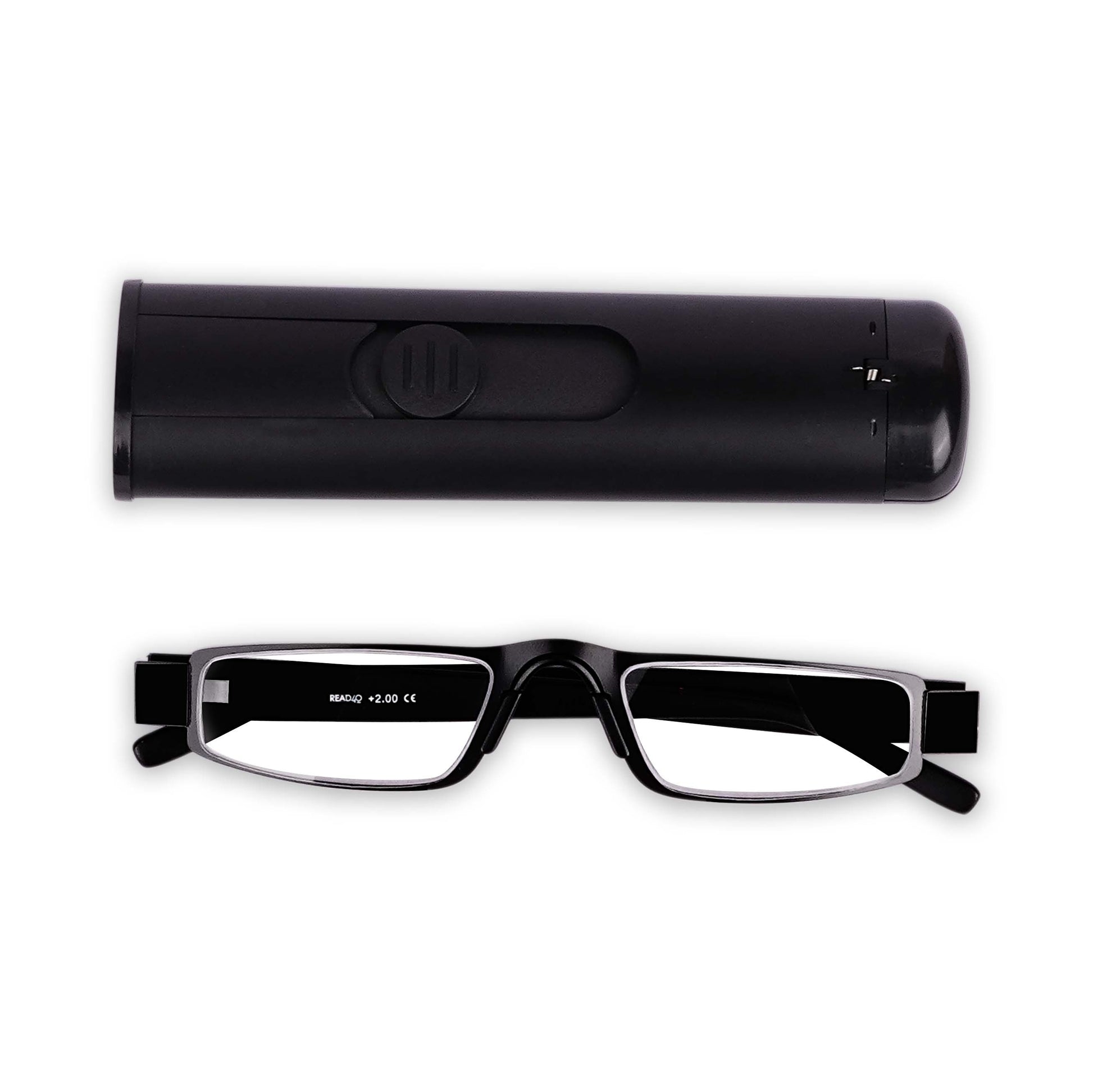 Cove standard black reading glasses  folded with case front view