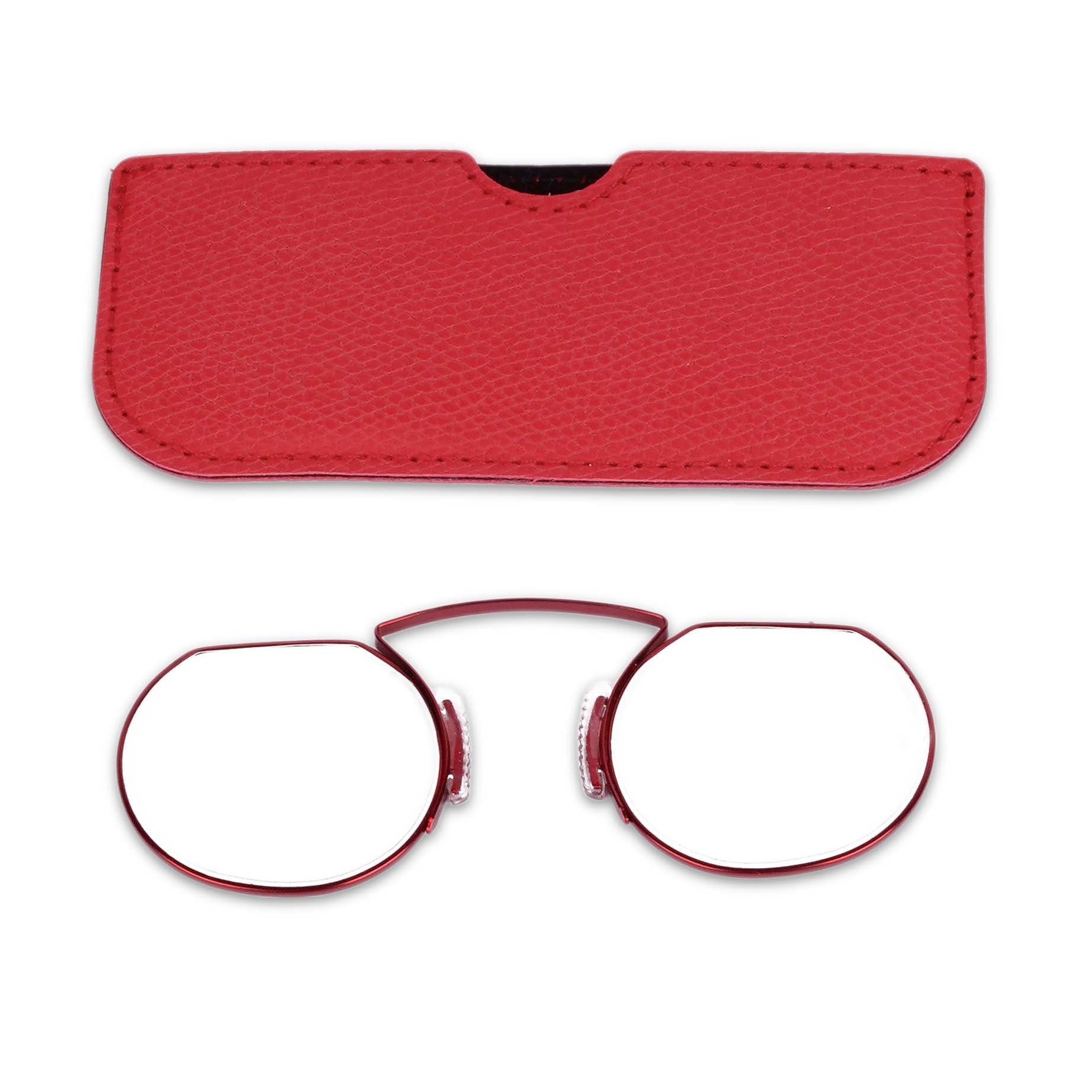 Pocket red reading glasses with pouch front