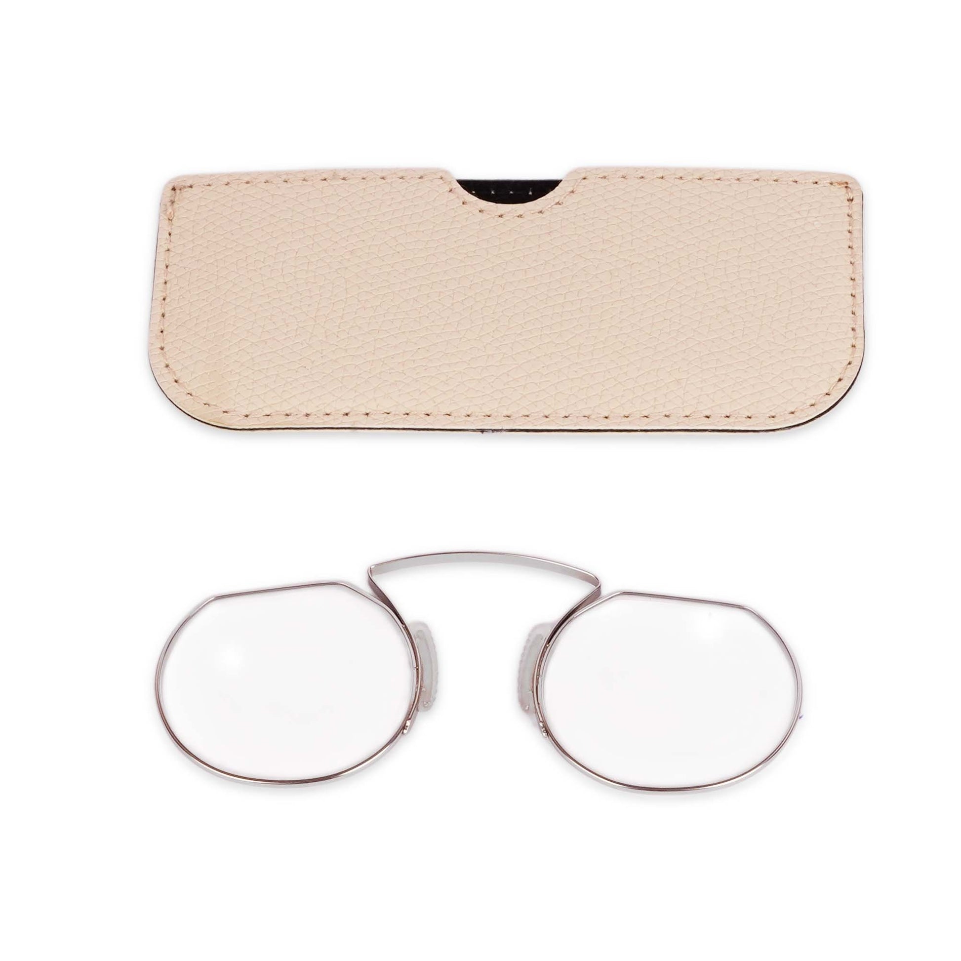 Pocket silver reading glasses with pouch front