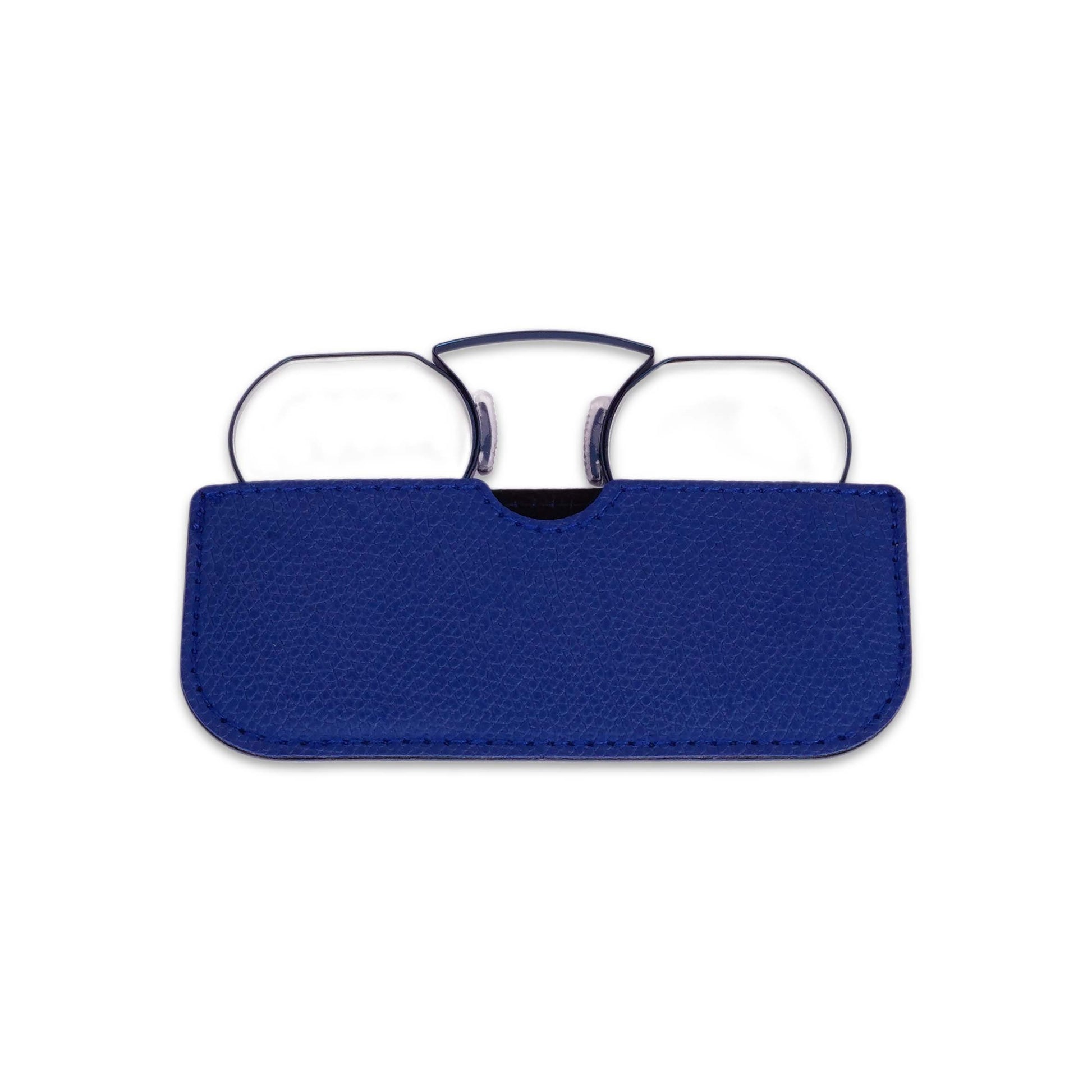 Pocket blue reading glasses with pouch insertion