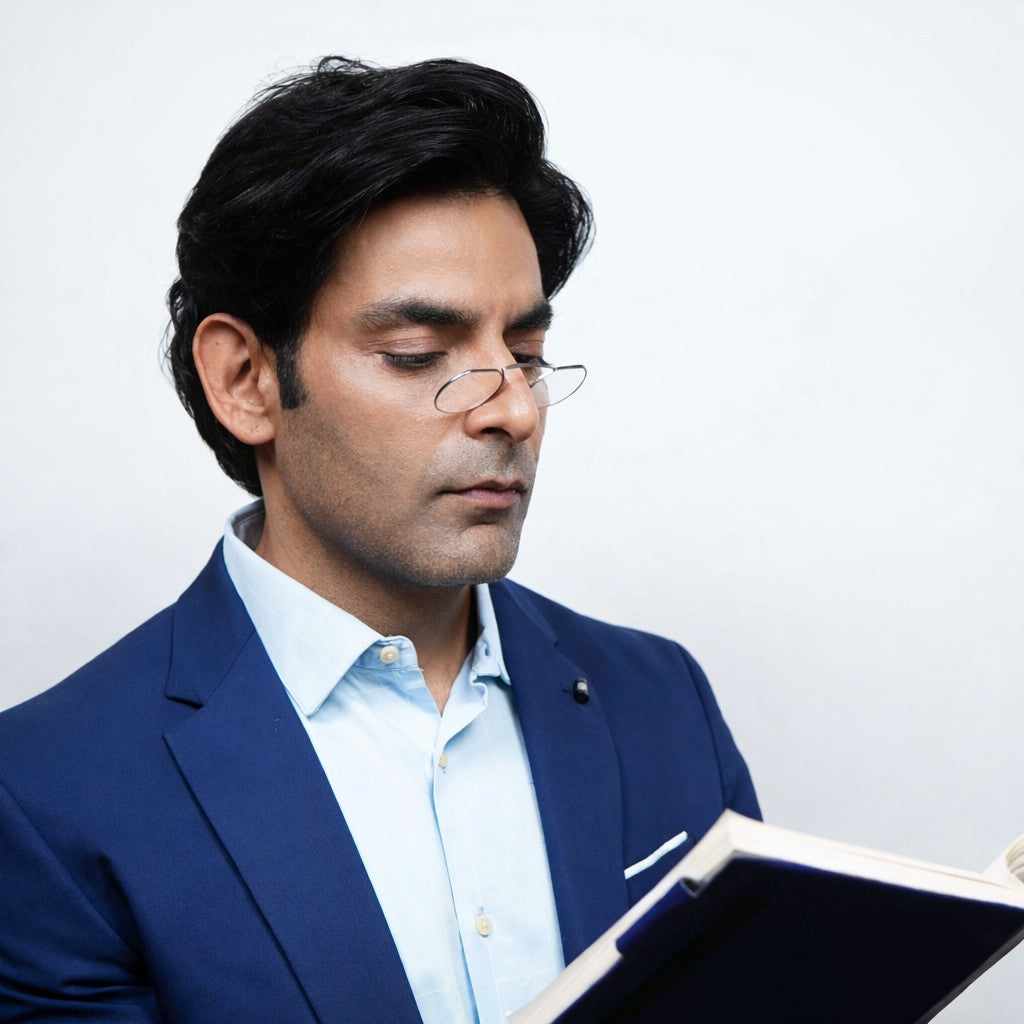 Man wearing silver Pocket reading glasses.