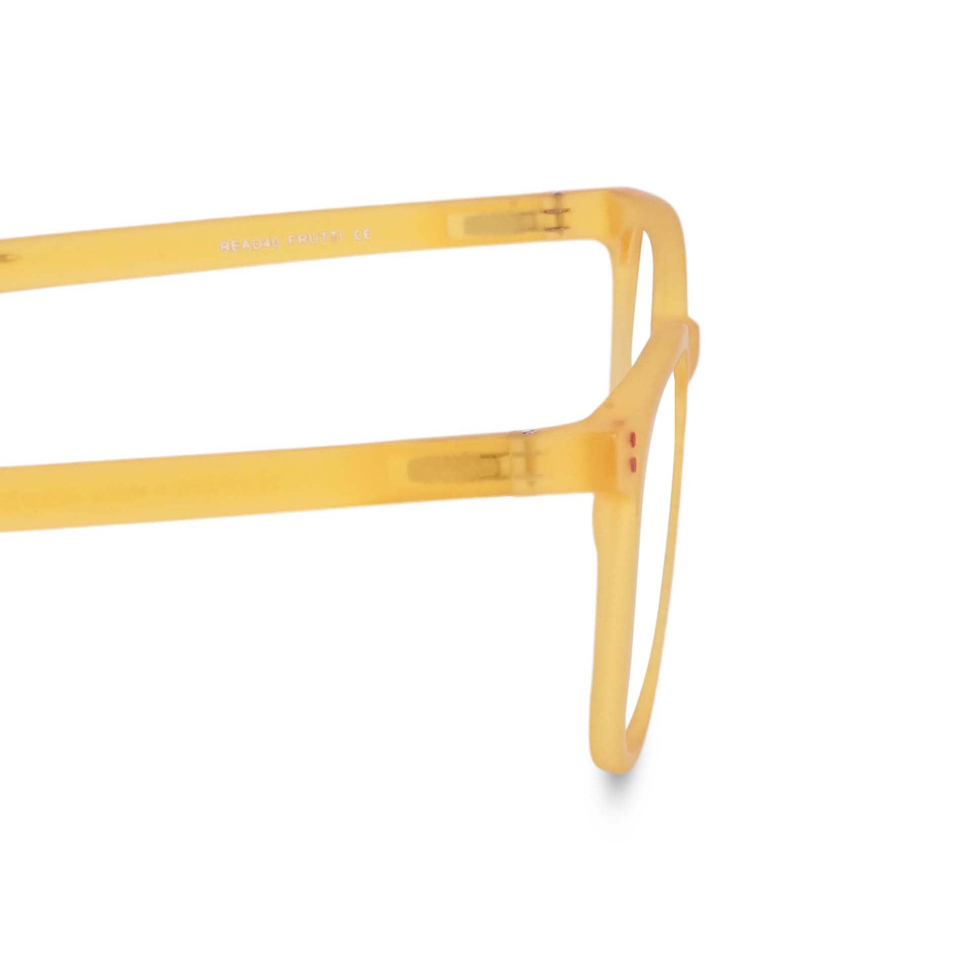 Pixo reading glasses in yellow, close-up of temple and hinge