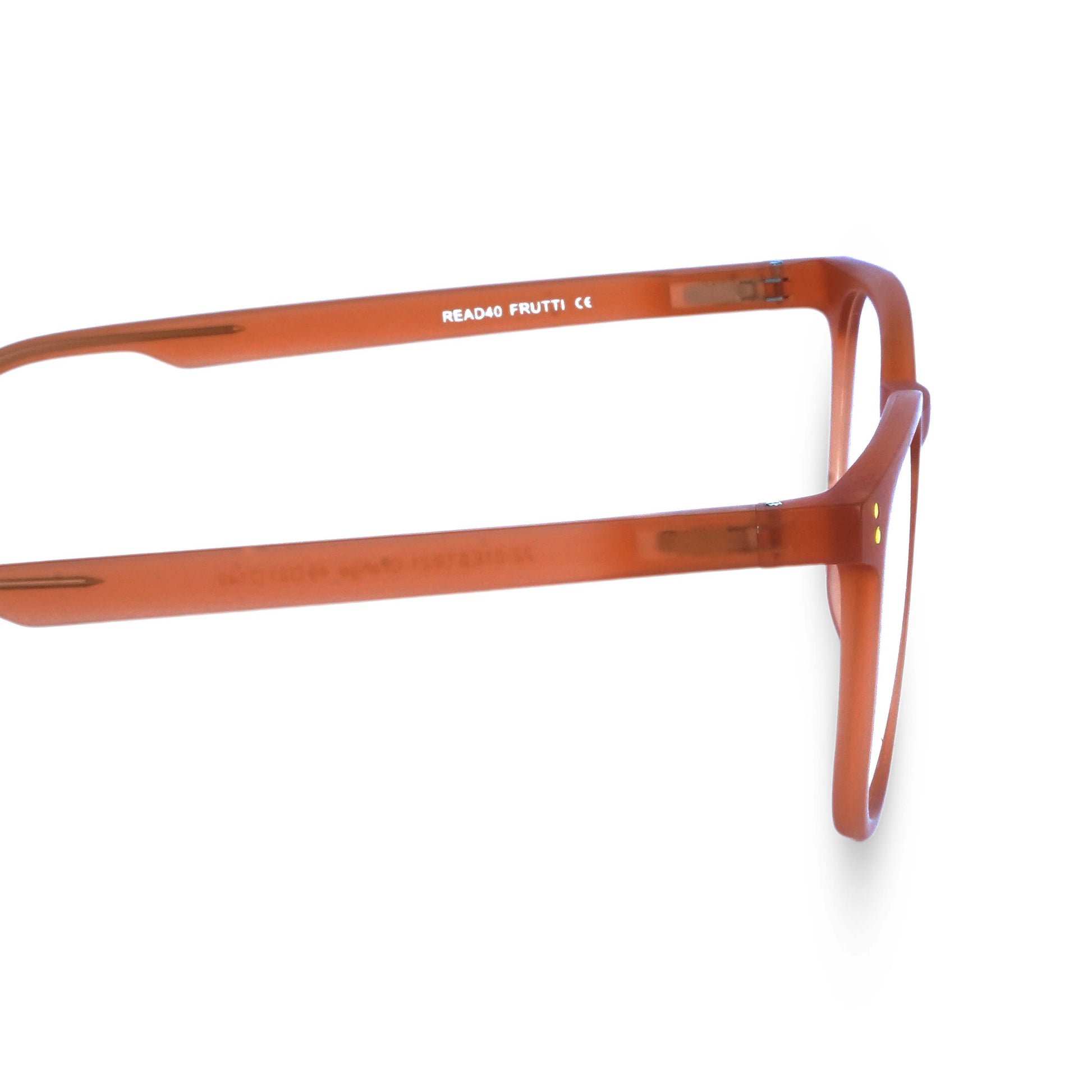 Pixo reading glasses in red, close-up of temple and hinge
