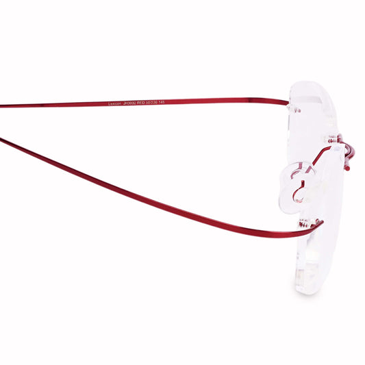 Rimly red rectangular rimless reading glasses detailed view