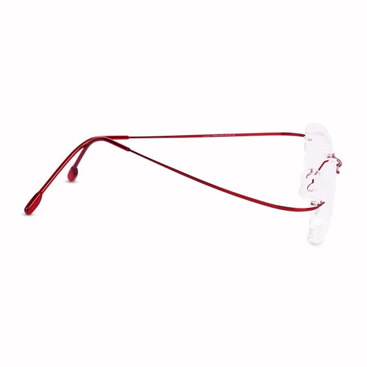 Rimly red rectangular rimless reading glasses side view