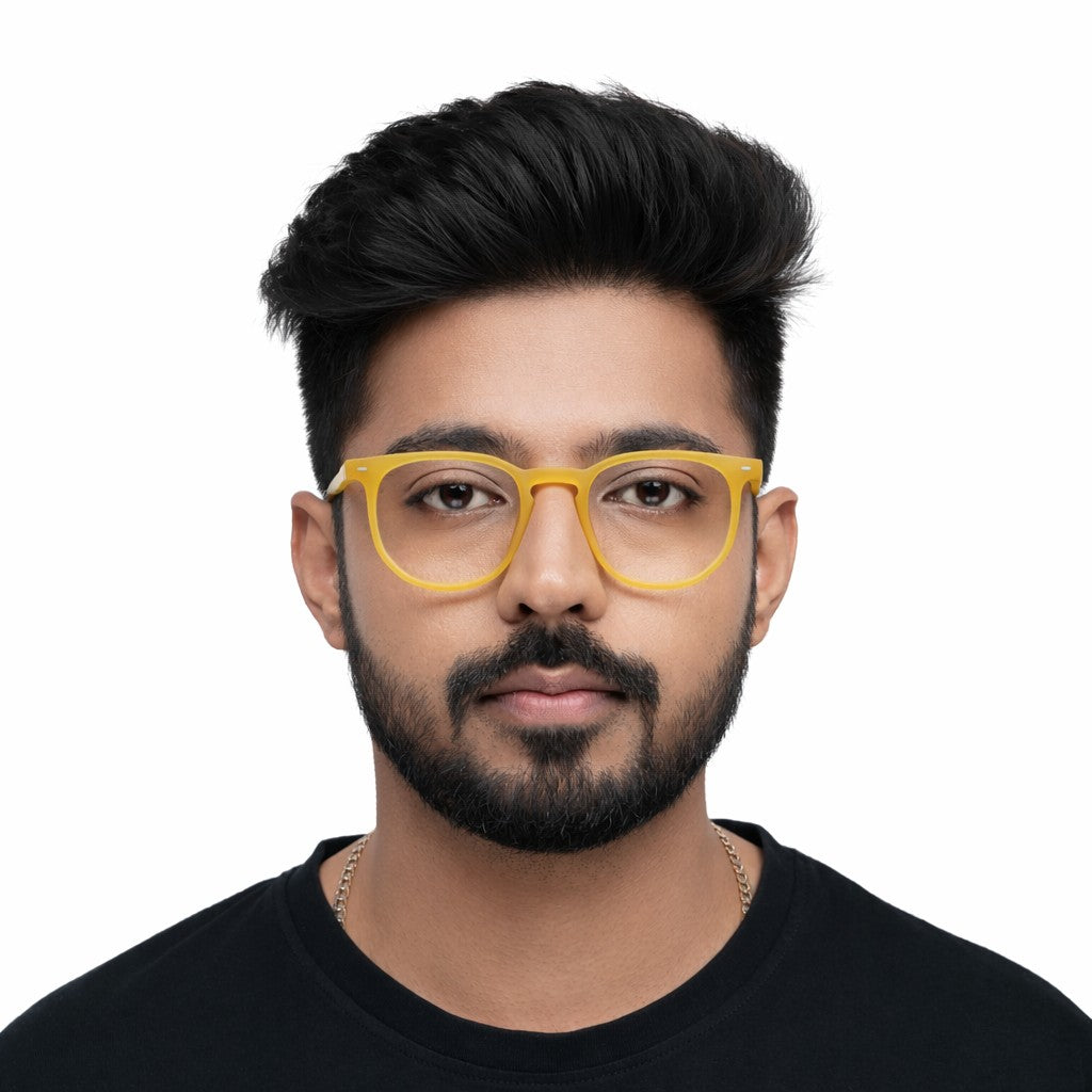 Man wearing orange Wayfer reading glasses