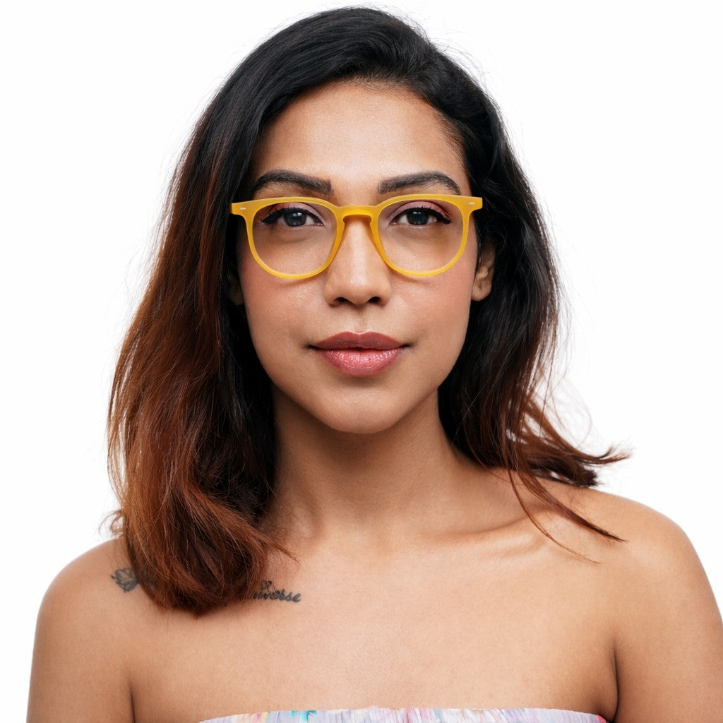 Woman wearing orange Wayfer reading glasses
