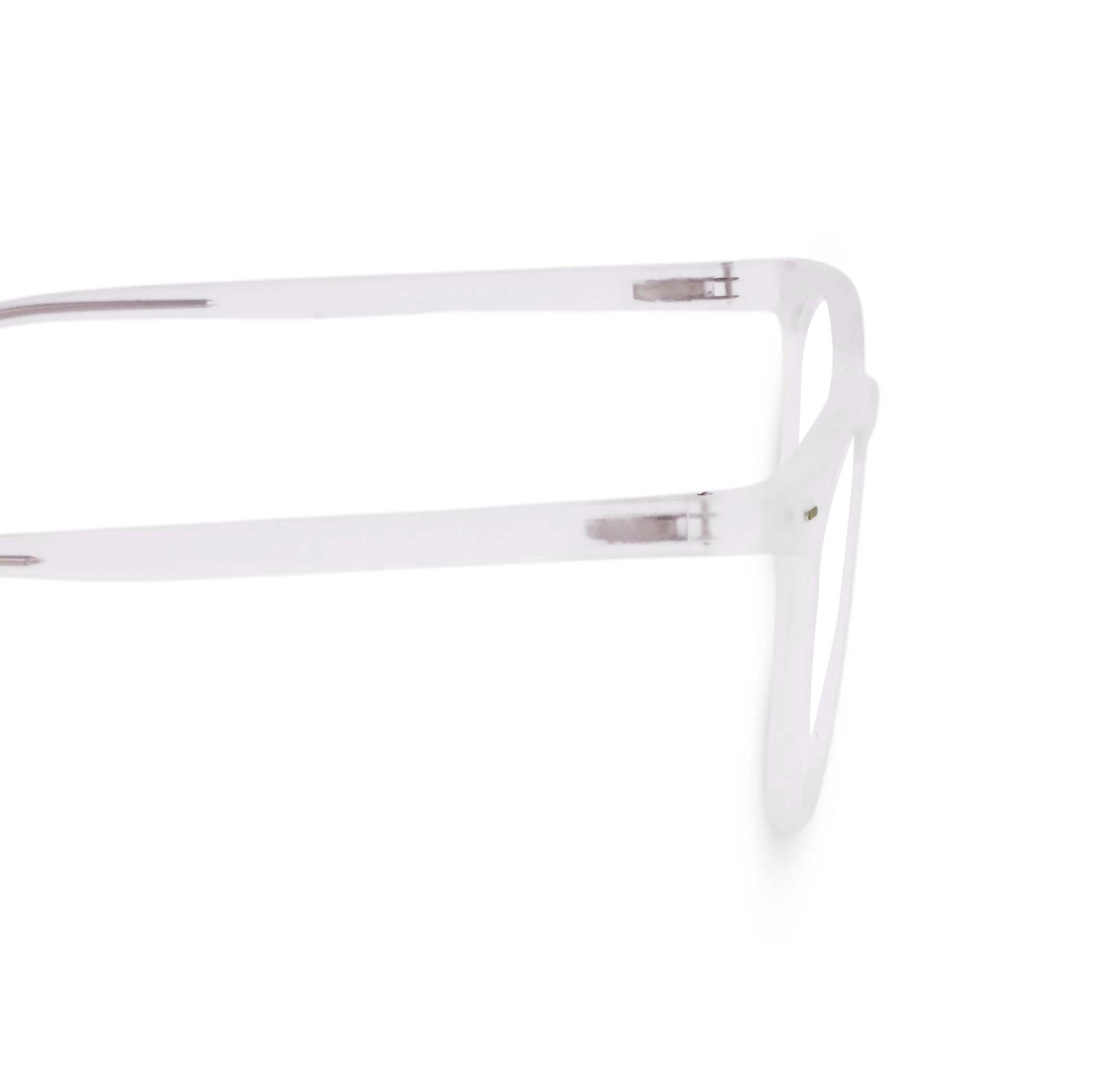 Wayfer reading glasses in translucent white, close up of temple and hinges