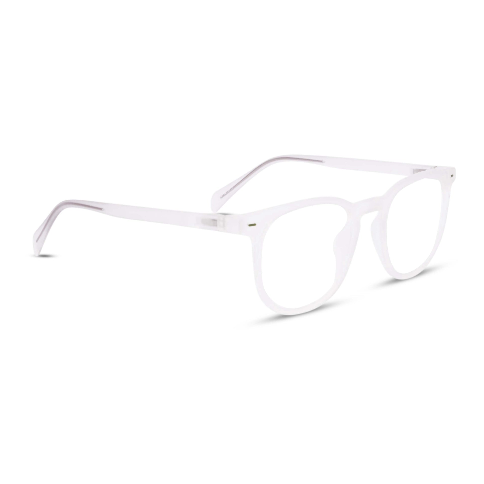 Wayfer reading glasses in translucent white, three quarter view