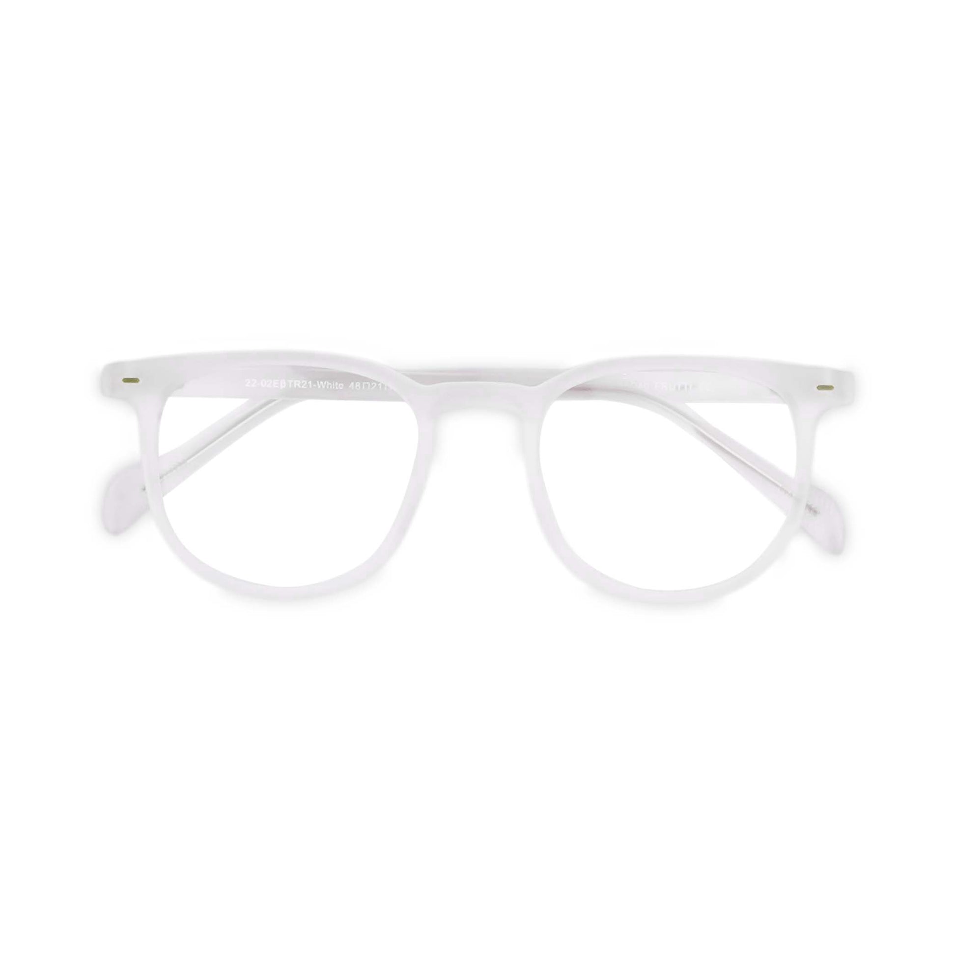 Wayfer reading glasses in translucent white, front view folded