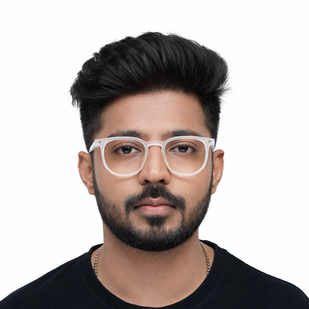 Man wearing translucent white Wayfer reading glasses