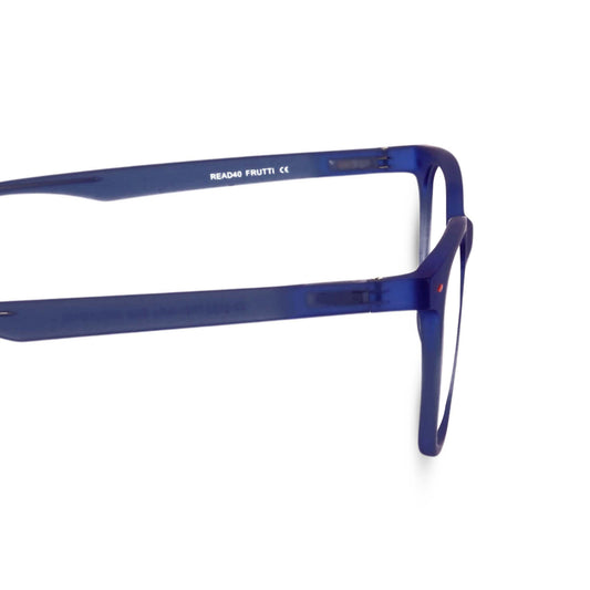 Wayon lightweight reading glasses in blue, side view. Close up of temple and hinge
